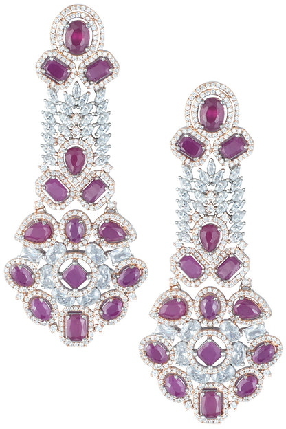 Silver plated faux ruby and diamond long earrings
