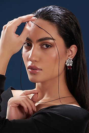 White Finish Red Stone & Zircon Dangler Earrings