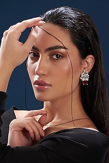 White Finish Red Stone & Zircon Dangler Earrings
