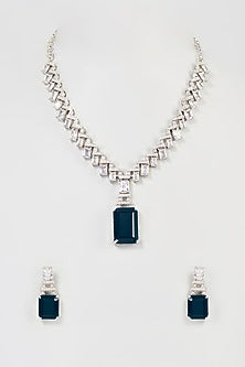 White Finish Faux Diamond & Blue Synthetic Stone Long Necklace Set