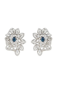 Silver plated faux diamonds and sapphire stud earrings