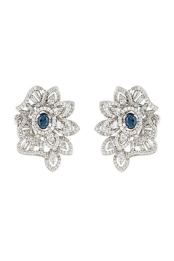 Silver plated faux diamonds and sapphire stud earrings