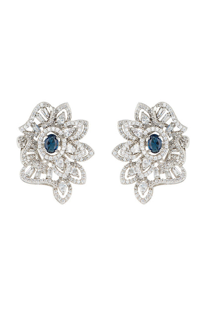 Silver plated faux diamonds and sapphire stud earrings