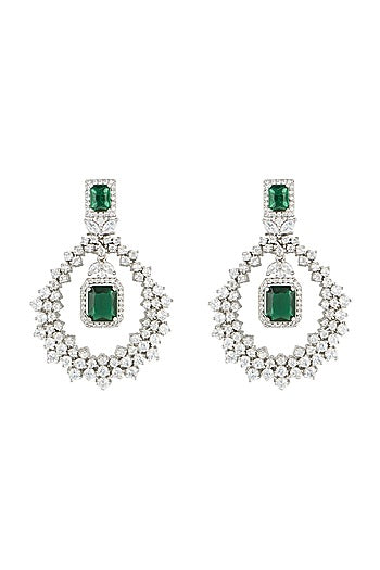 Silver plated faux diamond and emerald dangler earrings