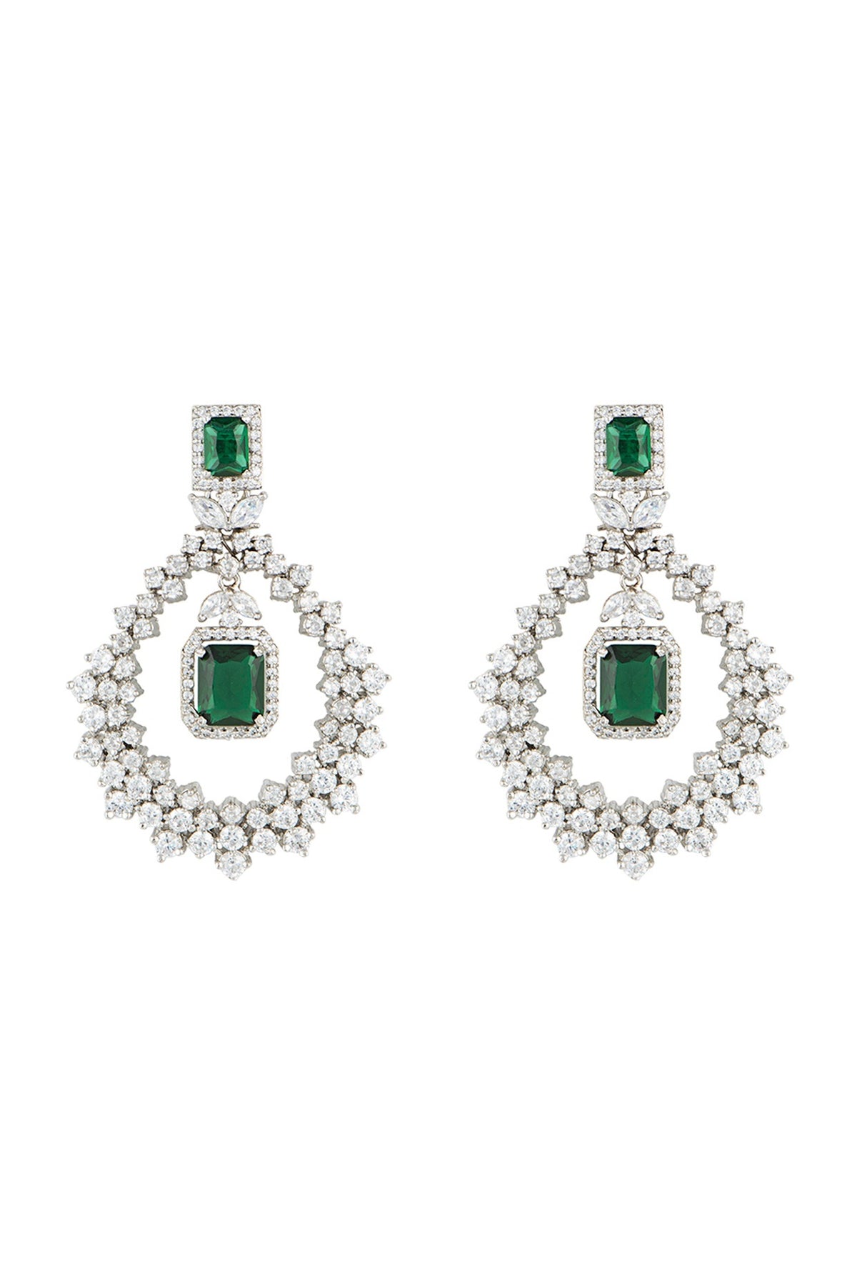 Silver plated faux diamond and emerald dangler earrings
