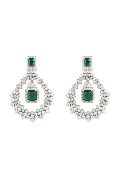 Silver plated faux diamond and emerald dangler earrings