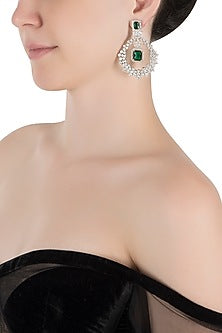 Silver plated faux diamond and emerald dangler earrings