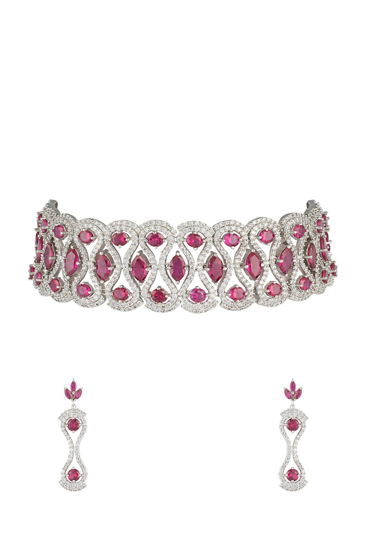 Silver plated faux ruby and diamonds necklace set
