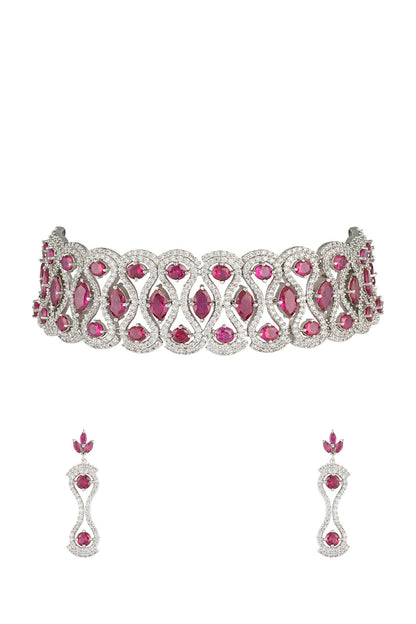Silver plated faux ruby and diamonds necklace set