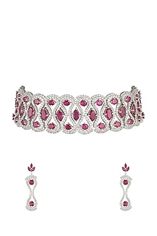 Silver plated faux ruby and diamonds necklace set