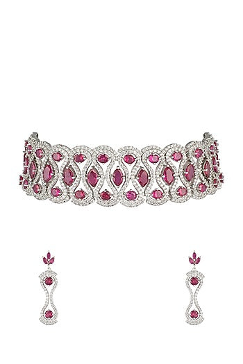 Silver plated faux ruby and diamonds necklace set