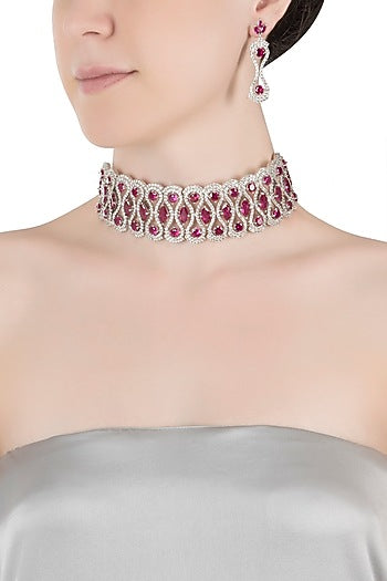 Silver plated faux ruby and diamonds necklace set