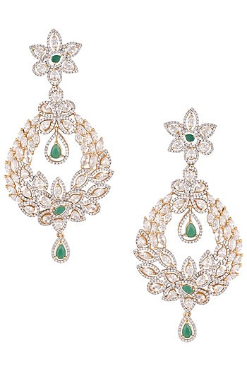 Gold plated diamond and emerald chandelier earrings
