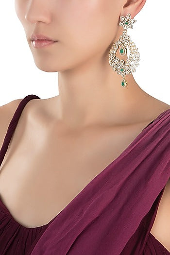 Gold plated diamond and emerald chandelier earrings