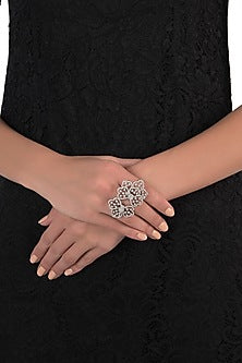 Silver plated oversized faux diamond floral ring