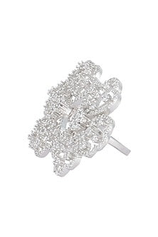 Silver plated oversized faux diamond floral ring