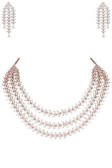 Rose gold plated three line leaf diamond necklace set