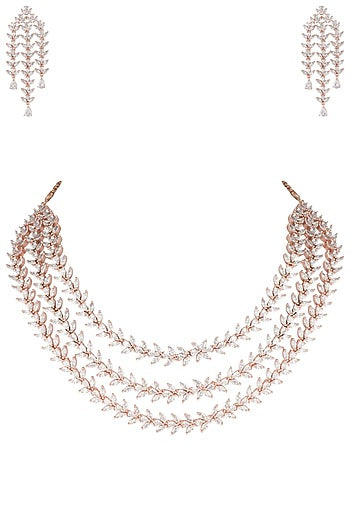 Rose gold plated three line leaf diamond necklace set