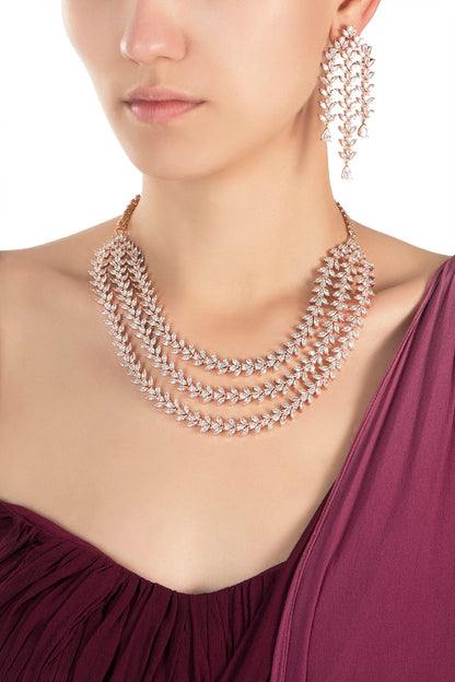 Rose gold plated three line leaf diamond necklace set