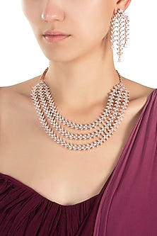 Rose gold plated three line leaf diamond necklace set