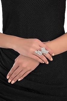 Silver plated two finger floral diamond ring