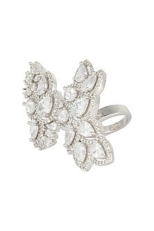 Silver plated two finger floral diamond ring