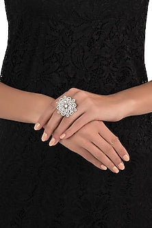 White rhodium plated floral diamond ring