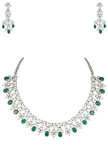 Silver plated diamond and emerald necklace set