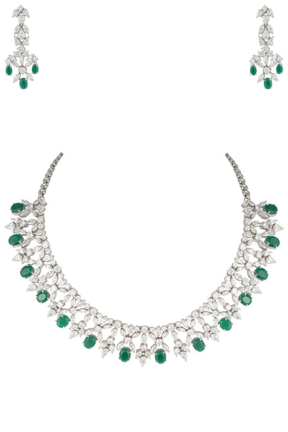 Silver plated diamond and emerald necklace set