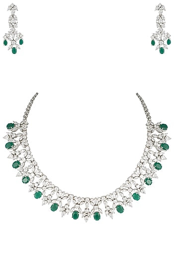 Silver plated diamond and emerald necklace set