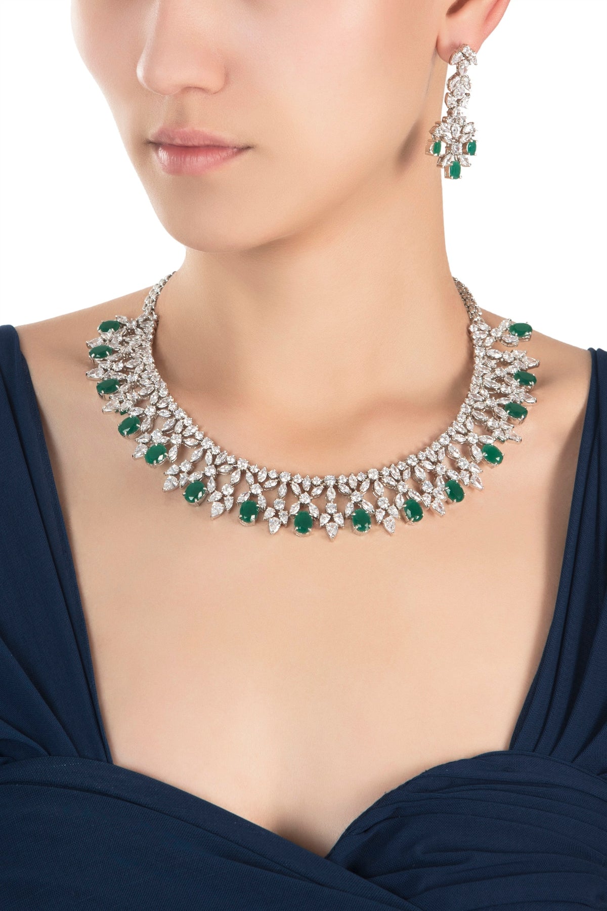 Silver plated diamond and emerald necklace set