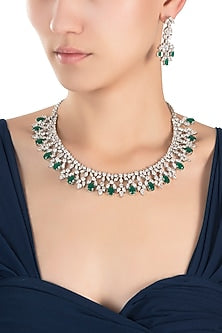Silver plated diamond and emerald necklace set