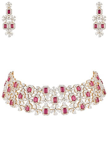 Gold plated diamond and ruby necklace set