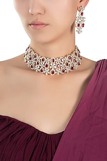 Gold plated diamond and ruby necklace set