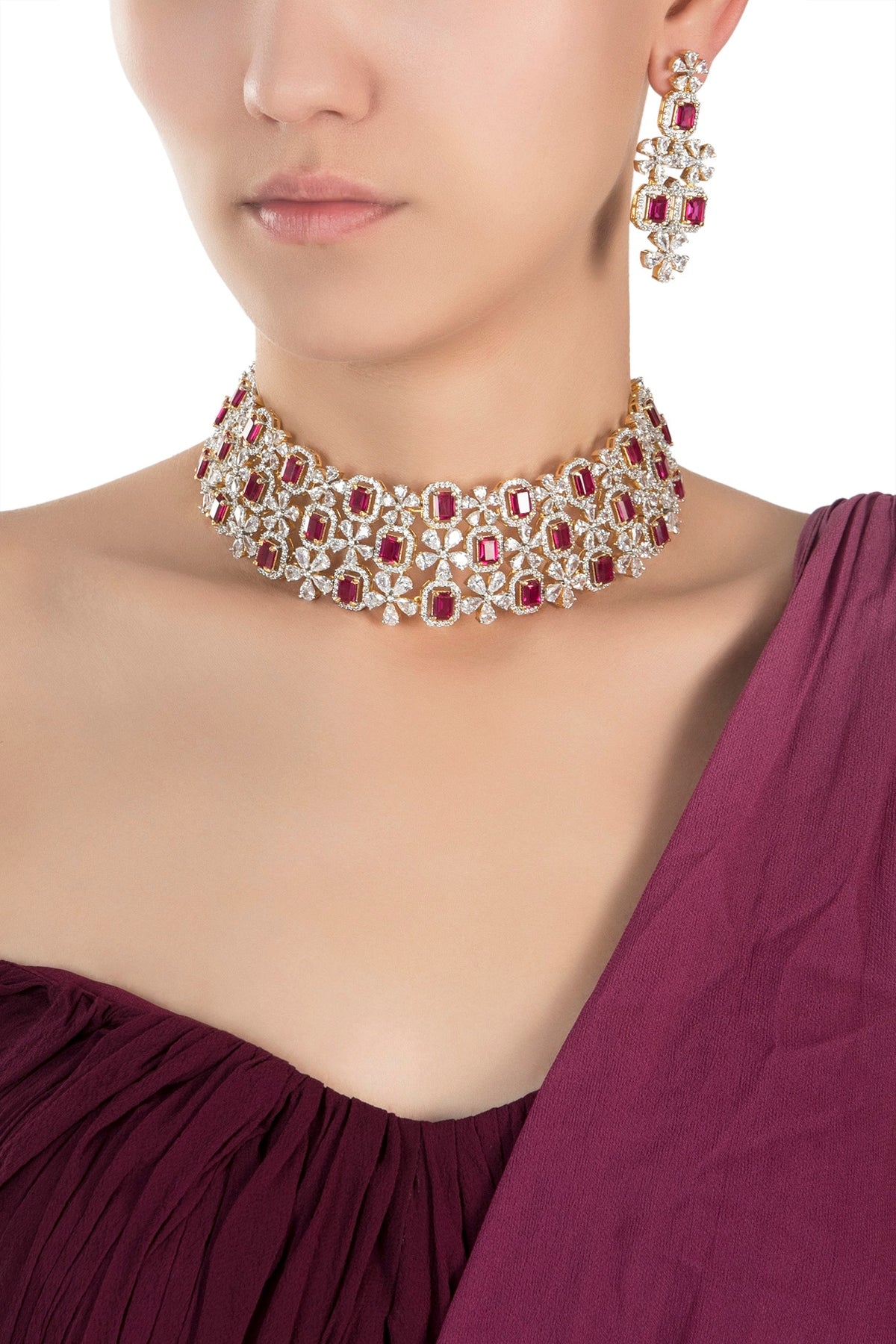 Gold plated diamond and ruby necklace set
