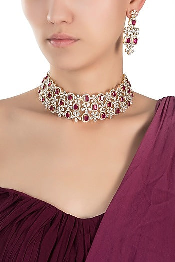 Gold plated diamond and ruby necklace set