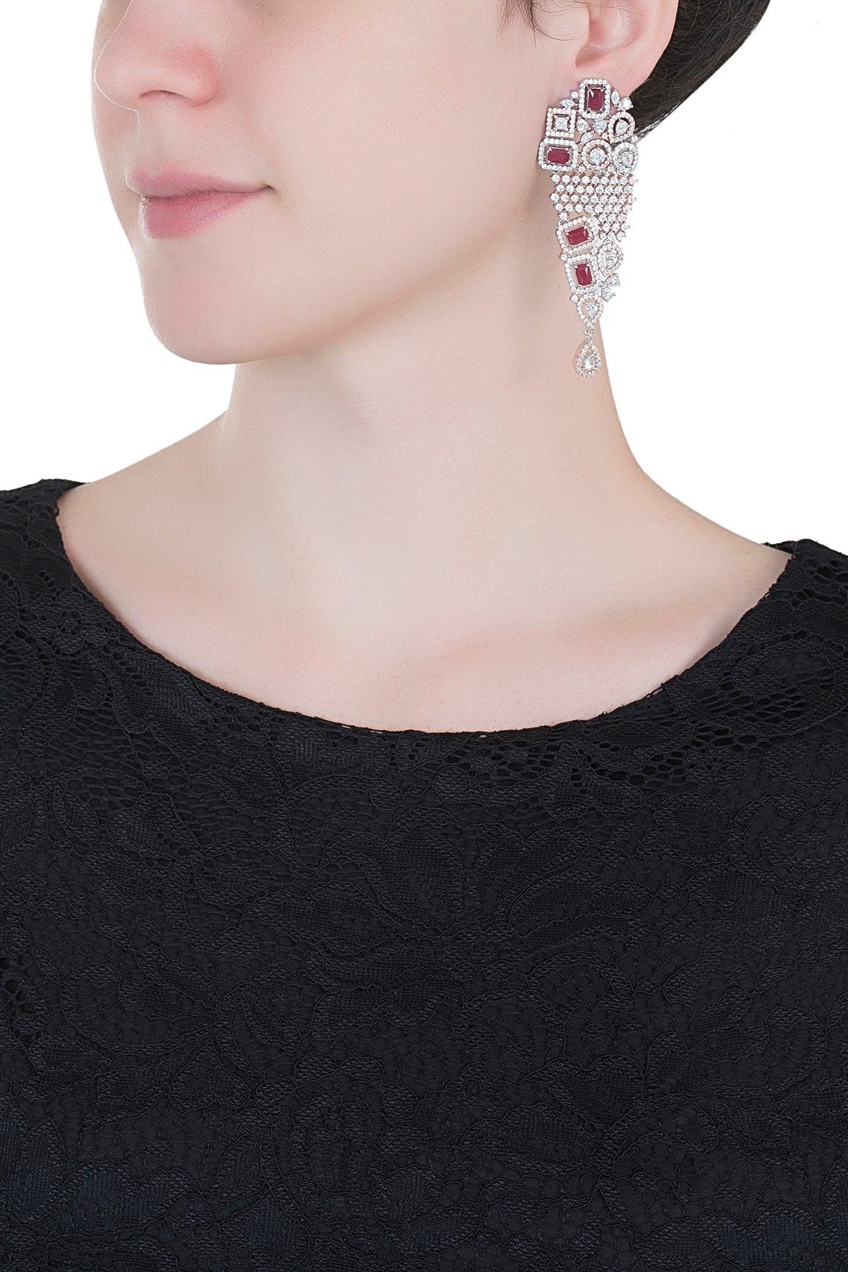 Silver plated faux diamond and ruby earrings