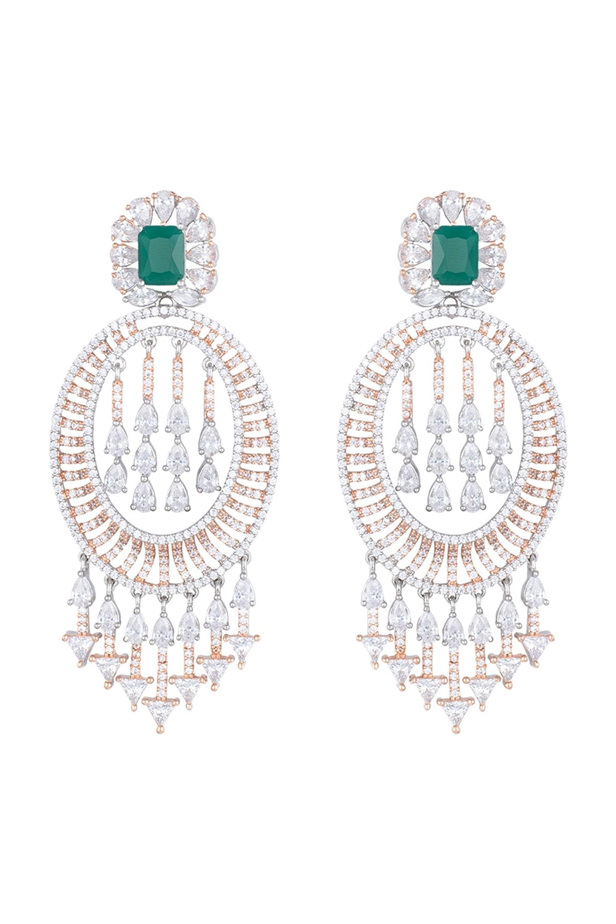 Silver plated diamond and emerald long earrings