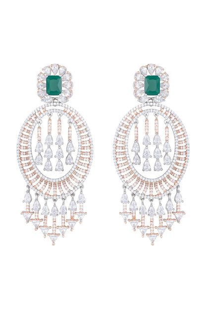 Silver plated diamond and emerald long earrings