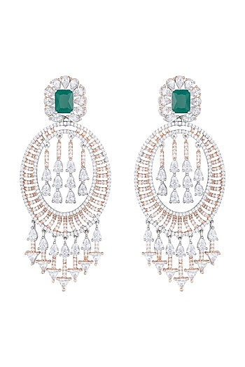Silver plated diamond and emerald long earrings