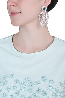Silver plated diamond and emerald long earrings