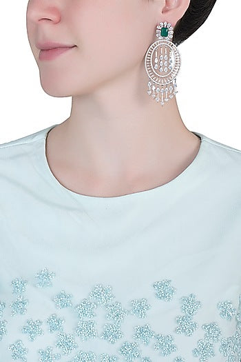 Silver plated diamond and emerald long earrings