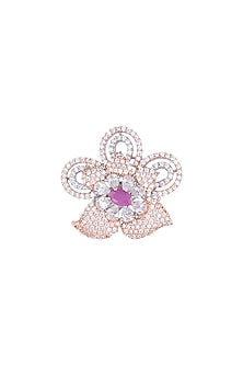 Silver plated faux diamond and ruby floral ring
