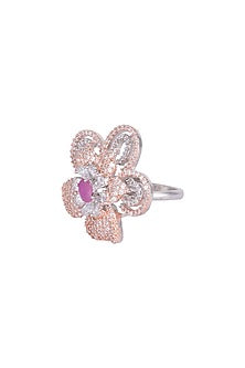 Silver plated faux diamond and ruby floral ring
