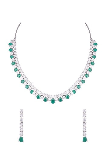 Silver plated faux diamond and emerald necklace set