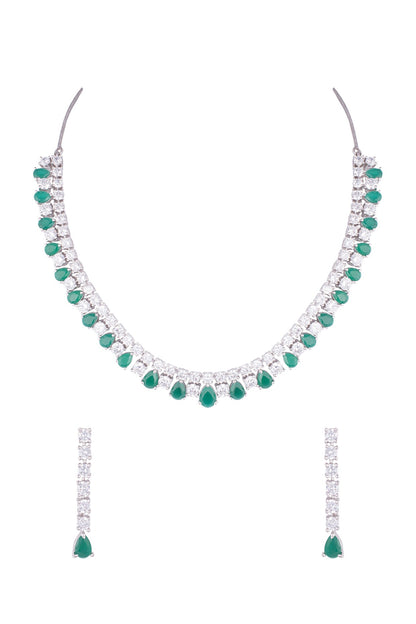 Silver plated faux diamond and emerald necklace set