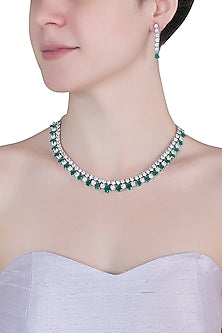 Silver plated faux diamond and emerald necklace set