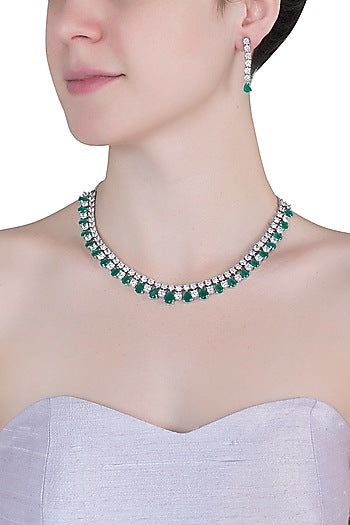 Silver plated faux diamond and emerald necklace set