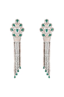 Silver plated faux emerald drop and diamond long earrings