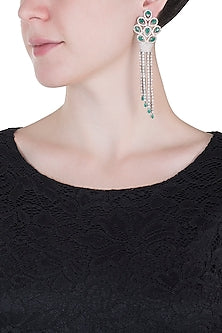 Silver plated faux emerald drop and diamond long earrings